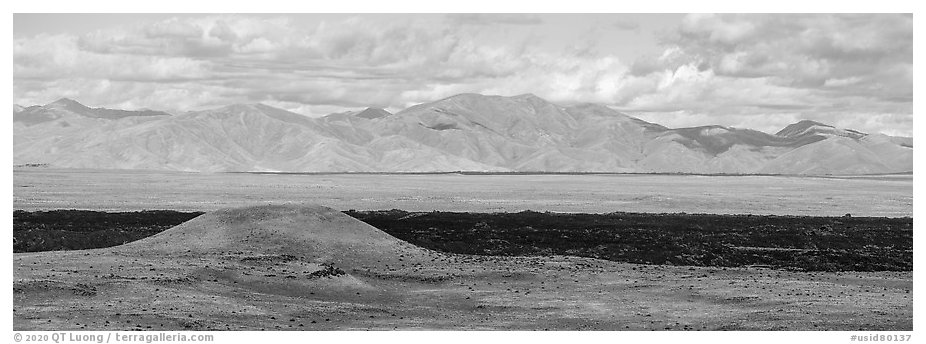 Grassy Lava Flow and Pioneer Mountains. Craters of the Moon National Monument and Preserve, Idaho, USA (black and white)