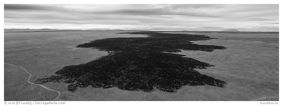 Aerial view of Grassy Lava Flow and Laidlaw kapuka. Craters of the Moon National Monument and Preserve, Idaho, USA (black and white)