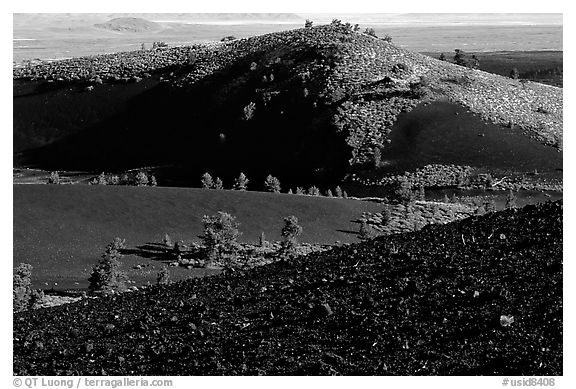 Slopes covered with hardened lava and cinder. Craters of the Moon National Monument and Preserve, Idaho, USA (black and white)