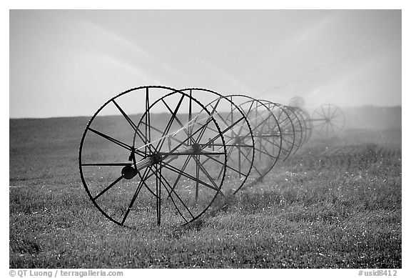 Irrigation wheels spraying water. Idaho, USA (black and white)