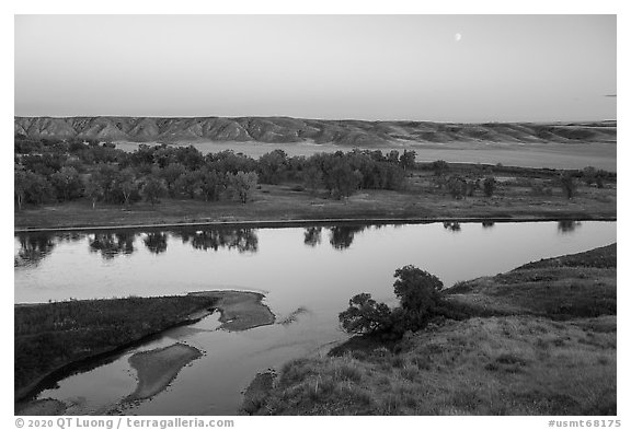 Moon rising above Missouri River, Decision Point. Upper Missouri River Breaks National Monument, Montana, USA (black and white)