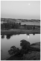Moon reflected in Missouri River, Decision Point. Upper Missouri River Breaks National Monument, Montana, USA ( black and white)