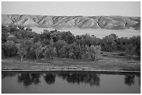 Missouri River, cottonwoods and badlands. Upper Missouri River Breaks National Monument, Montana, USA ( black and white)