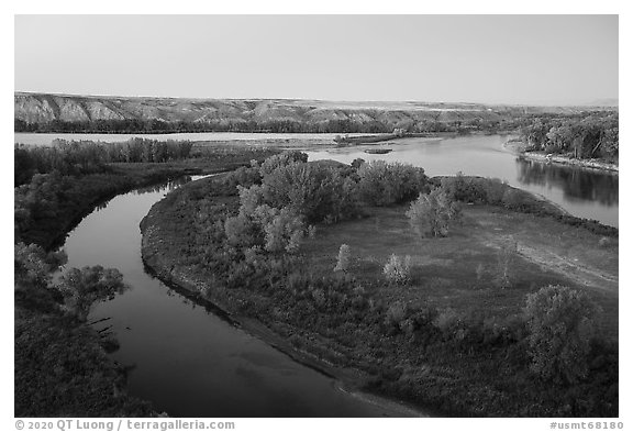 Confluence of the Marias and Missouri Rivers at Decision Point, dusk. Upper Missouri River Breaks National Monument, Montana, USA (black and white)