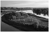 Missouri River Island at Lewis and Clark Decision Point. Upper Missouri River Breaks National Monument, Montana, USA ( black and white)