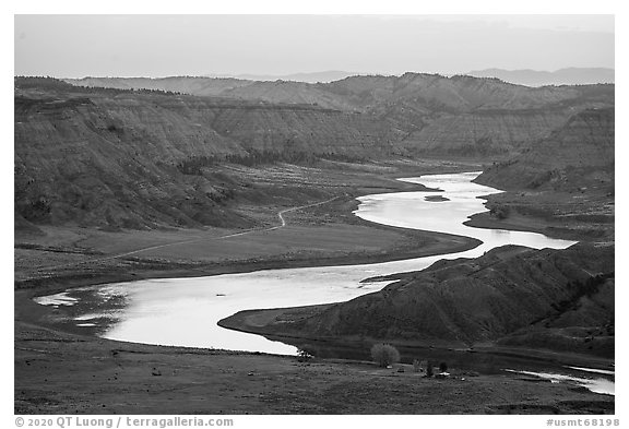 Missouri River valley near McClelland Ferry. Upper Missouri River Breaks National Monument, Montana, USA (black and white)