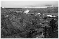 Sunrise over badlands. Upper Missouri River Breaks National Monument, Montana, USA ( black and white)