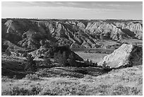 Prairie and badlands along the Missouri River. Upper Missouri River Breaks National Monument, Montana, USA ( black and white)