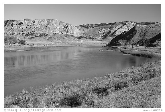 Missouri River with McClelland Stafford Ferry. Upper Missouri River Breaks National Monument, Montana, USA (black and white)
