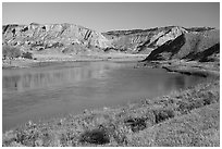 Missouri River with McClelland Stafford Ferry. Upper Missouri River Breaks National Monument, Montana, USA ( black and white)