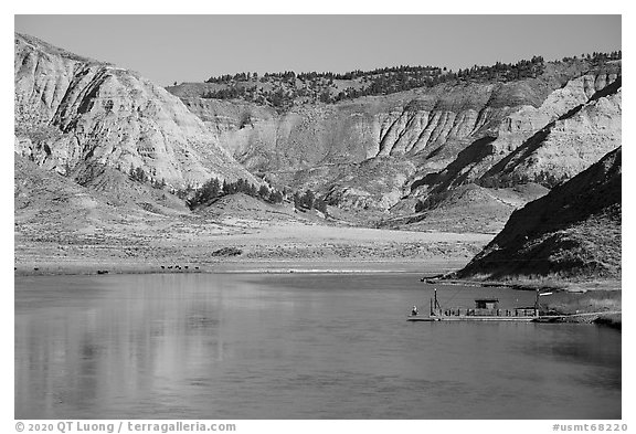 McClelland Stafford Ferry, River, and badlands. Upper Missouri River Breaks National Monument, Montana, USA (black and white)