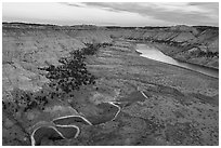 Aerial view of creek meanders and Missouri River valley. Upper Missouri River Breaks National Monument, Montana, USA ( black and white)