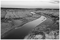 Aerial view of Missouri River surrounded by rugged badlands. Upper Missouri River Breaks National Monument, Montana, USA ( black and white)