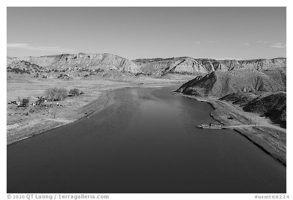 Aerial view of Stafford McClelland Ferry. Upper Missouri River Breaks National Monument, Montana, USA (black and white)