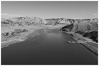 Aerial view of Stafford McClelland Ferry. Upper Missouri River Breaks National Monument, Montana, USA ( black and white)