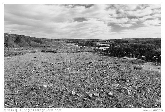 Tipi ring above Little Sandy Camp. Upper Missouri River Breaks National Monument, Montana, USA (black and white)