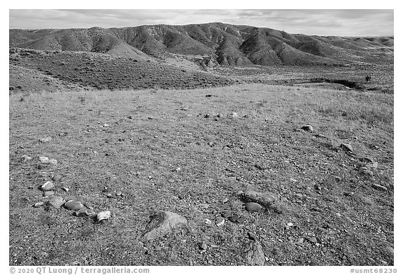 Teepee ring and hill, Little Sandy. Upper Missouri River Breaks National Monument, Montana, USA (black and white)