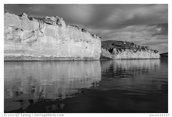 White cliffs dropping straight into river. Upper Missouri River Breaks National Monument, Montana, USA (black and white)