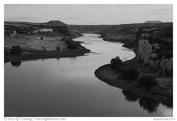 Missouri River from above at sunset. Upper Missouri River Breaks National Monument, Montana, USA (black and white)