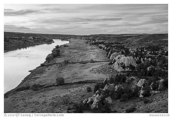 Sandstone cliffs and river from above at sunset. Upper Missouri River Breaks National Monument, Montana, USA (black and white)