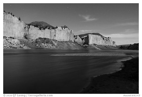 Moonlight over White cliffs. Upper Missouri River Breaks National Monument, Montana, USA (black and white)