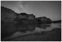 White cliffs with starry sky at night. Upper Missouri River Breaks National Monument, Montana, USA ( black and white)