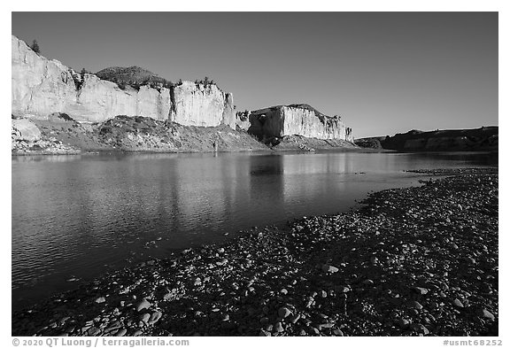 Sandstone white cliffs reflected in river. Upper Missouri River Breaks National Monument, Montana, USA (black and white)