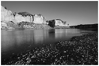 Sandstone white cliffs reflected in river. Upper Missouri River Breaks National Monument, Montana, USA ( black and white)