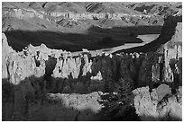 Sandstone pinnacles and river. Upper Missouri River Breaks National Monument, Montana, USA ( black and white)