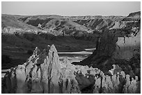 Pinnacles from Hole-in-the-Wall at sunset. Upper Missouri River Breaks National Monument, Montana, USA ( black and white)