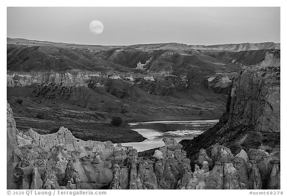 Moonrise over pinnacles and river. Upper Missouri River Breaks National Monument, Montana, USA