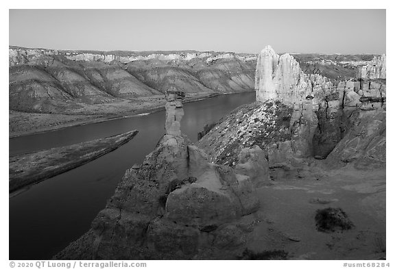 Rock pinnacles and river at dusk. Upper Missouri River Breaks National Monument, Montana, USA