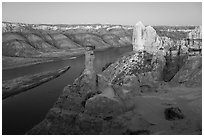 Rock pinnacles and river at dusk. Upper Missouri River Breaks National Monument, Montana, USA ( black and white)