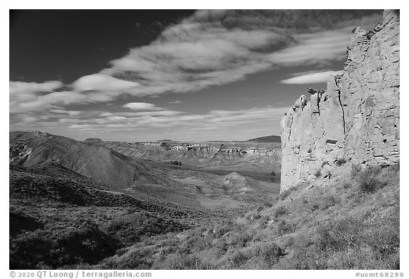 Cliffs and Missouri River valley. Upper Missouri River Breaks National Monument, Montana, USA (black and white)