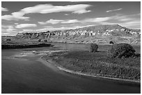 River island and sandstone spires. Upper Missouri River Breaks National Monument, Montana, USA ( black and white)