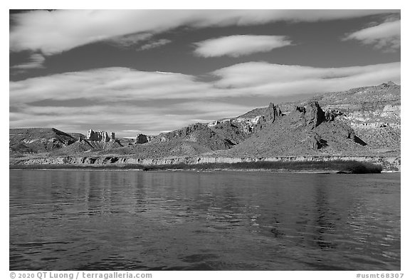 Sandstone columns and igneous rocks. Upper Missouri River Breaks National Monument, Montana, USA (black and white)