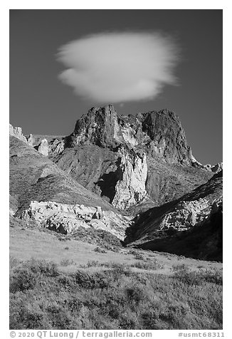 Archangel, Dark Butte, and cloud. Upper Missouri River Breaks National Monument, Montana, USA (black and white)