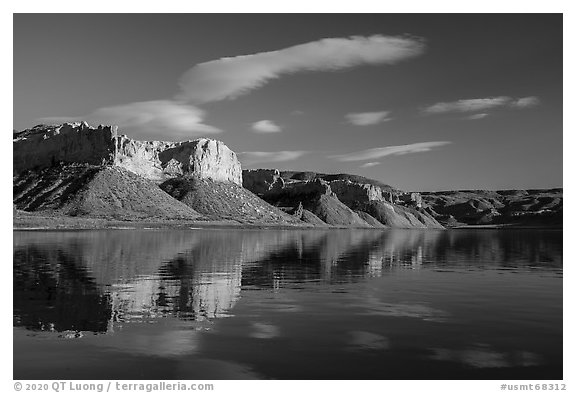 Tall cliffs reflected in river. Upper Missouri River Breaks National Monument, Montana, USA