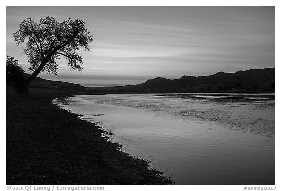 Sunrise from Slaughter River Camp. Upper Missouri River Breaks National Monument, Montana, USA (black and white)