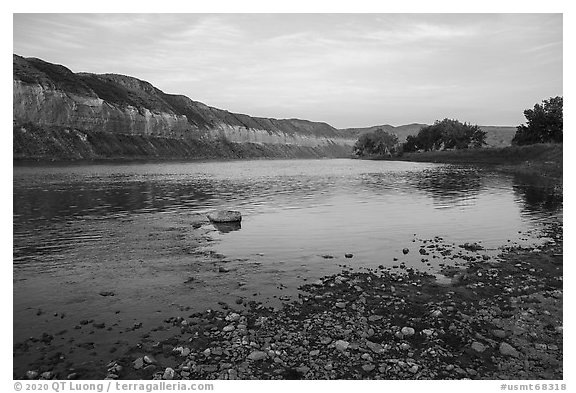 Cliffs at sunrise near Slaughter River Camp. Upper Missouri River Breaks National Monument, Montana, USA (black and white)