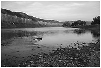 Cliffs at sunrise near Slaughter River Camp. Upper Missouri River Breaks National Monument, Montana, USA ( black and white)