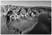 Aerial view of Dark Butte, cliffs, and river. Upper Missouri River Breaks National Monument, Montana, USA ( black and white)