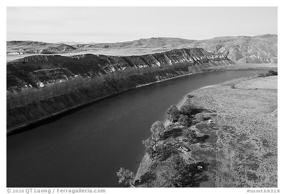 Aerial view of Slaughter River Camp and  cliffs. Upper Missouri River Breaks National Monument, Montana, USA