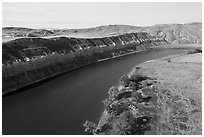 Aerial view of Slaughter River Camp and  cliffs. Upper Missouri River Breaks National Monument, Montana, USA ( black and white)