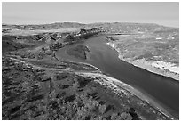 Aerial view of Cottonwoods and cliff near Slaughter River Camp. Upper Missouri River Breaks National Monument, Montana, USA ( black and white)