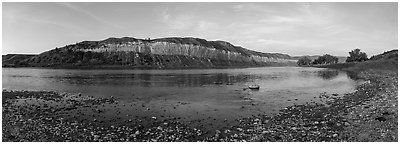 Cliffs at Slaughter River. Upper Missouri River Breaks National Monument, Montana, USA (Panoramic black and white)
