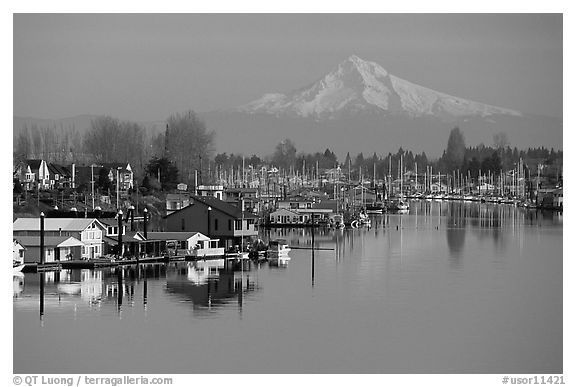 North Portland Harbor, houseboats, and Mt Hood. Portland, Oregon, USA (black and white)