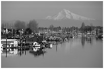 North Portland Harbor, houseboats, and Mt Hood. Portland, Oregon, USA (black and white)