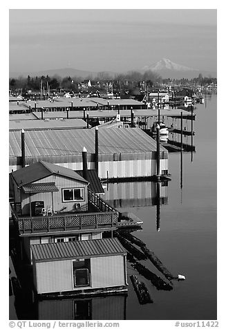 Houseboats and Mt Hood. Portland, Oregon, USA (black and white)