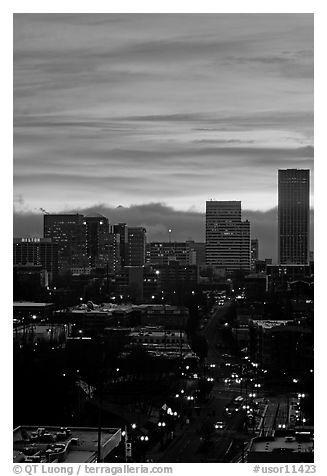 Skyline and bright sky at sunrise. Portland, Oregon, USA (black and white)